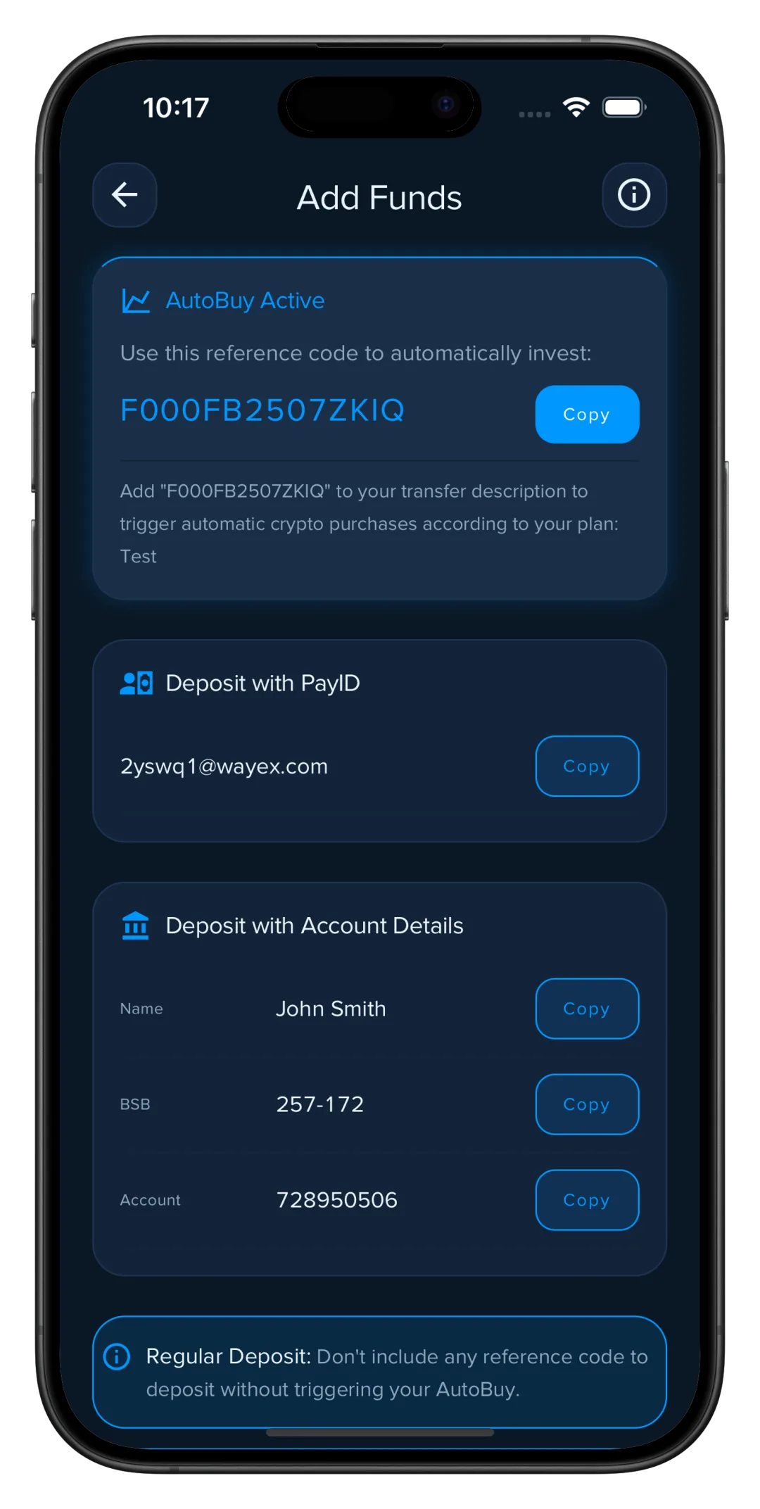 Wayex app Add Funds screen: AutoBuy reference code plus PayID and bank account deposit details