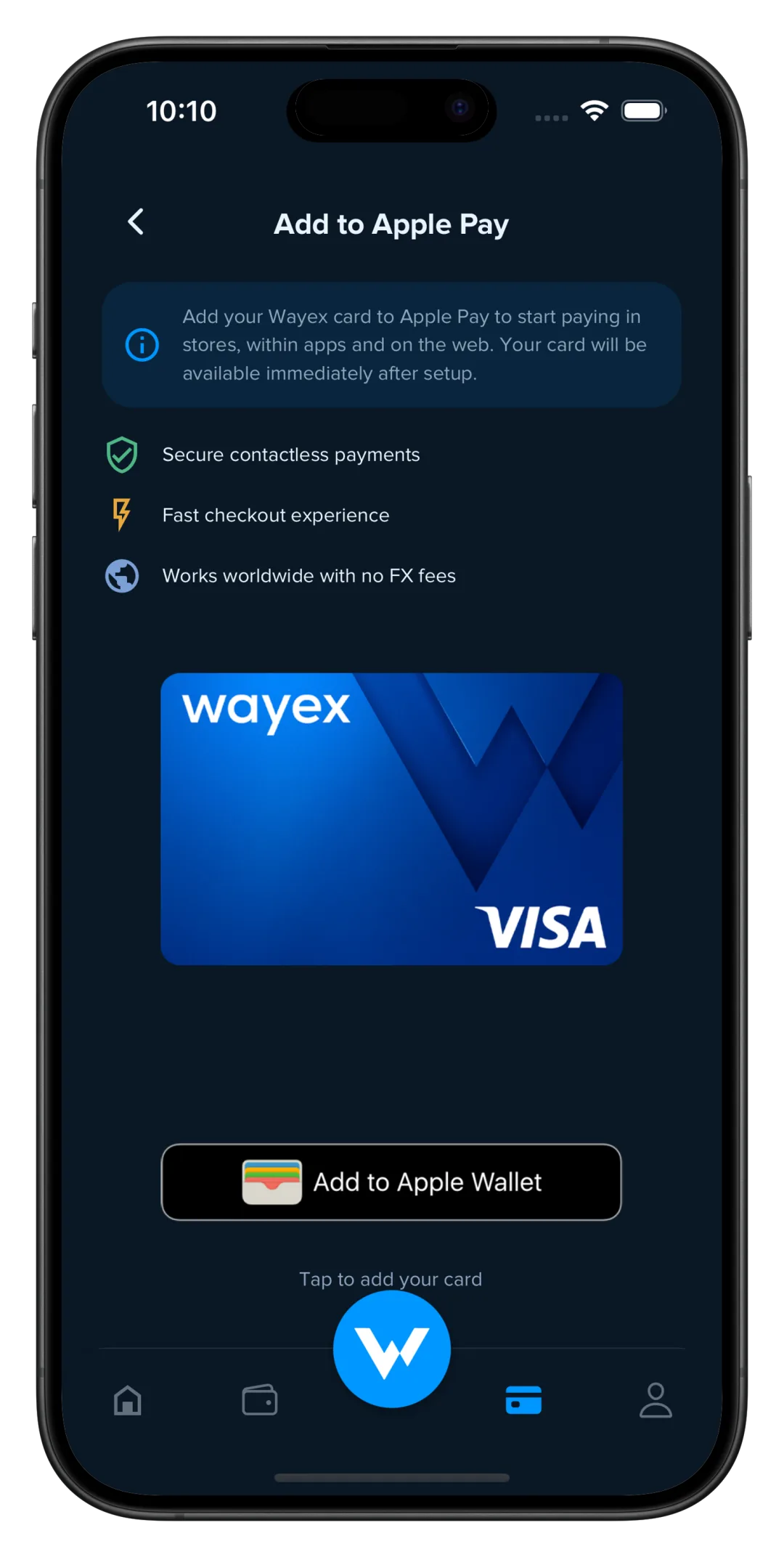 Wayex app adding the Visa card to Apple Pay in a single tap