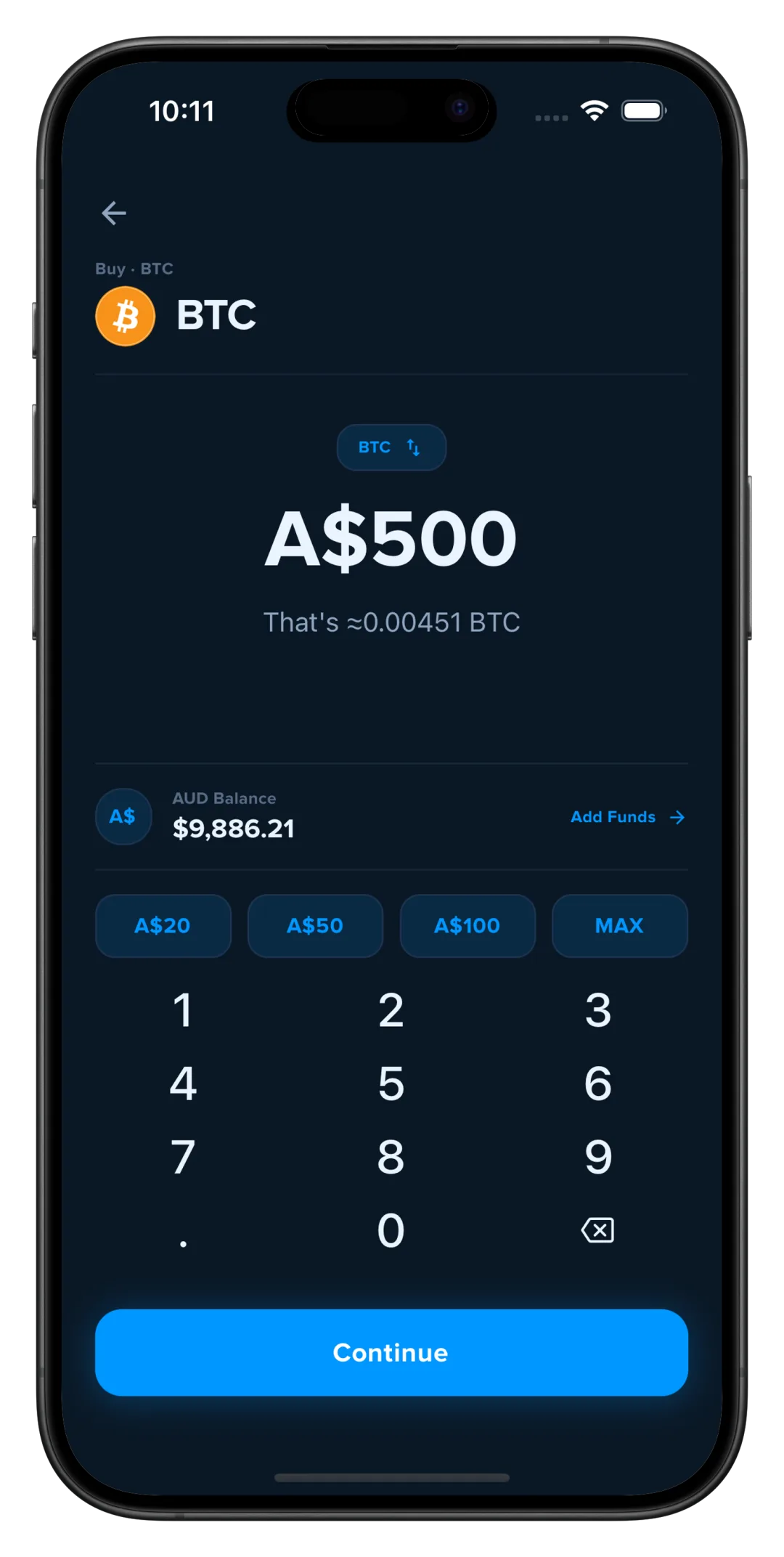 Wayex app Buy screen: entering A$500 to buy BTC with quick-amount shortcuts and a Continue button