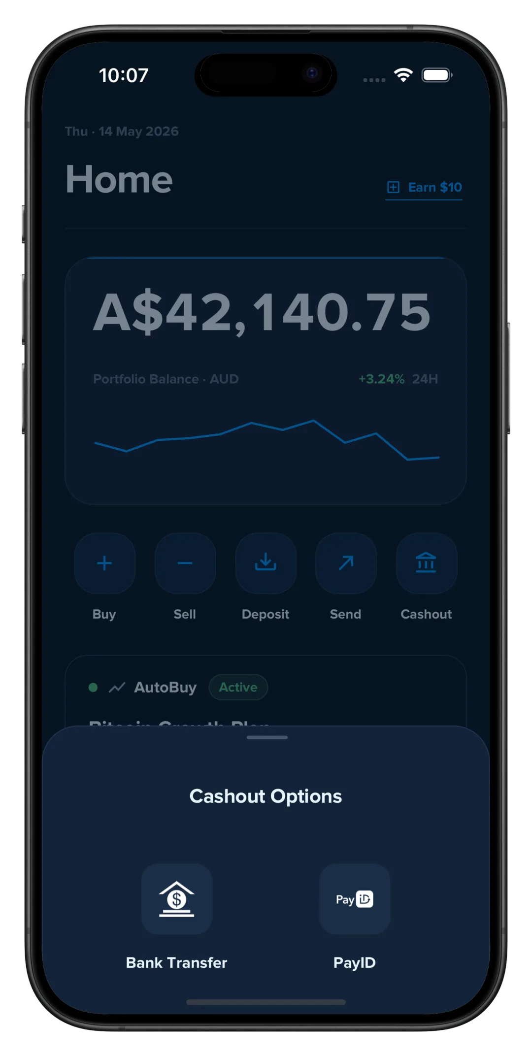 Wayex app cashout options sheet: choose Bank Transfer or PayID to withdraw AUD to your bank