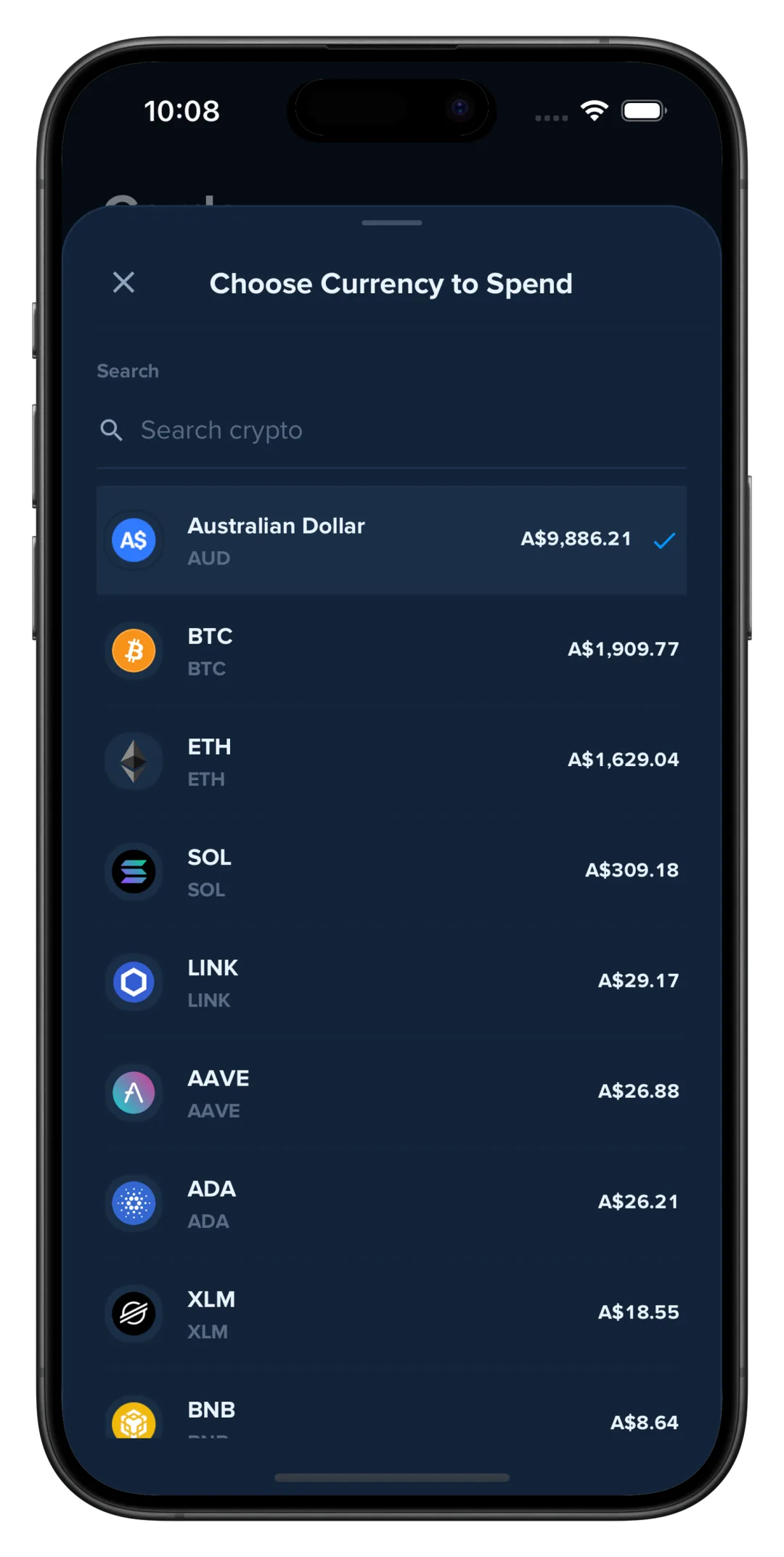 Wayex app currency picker showing 80+ supported crypto assets