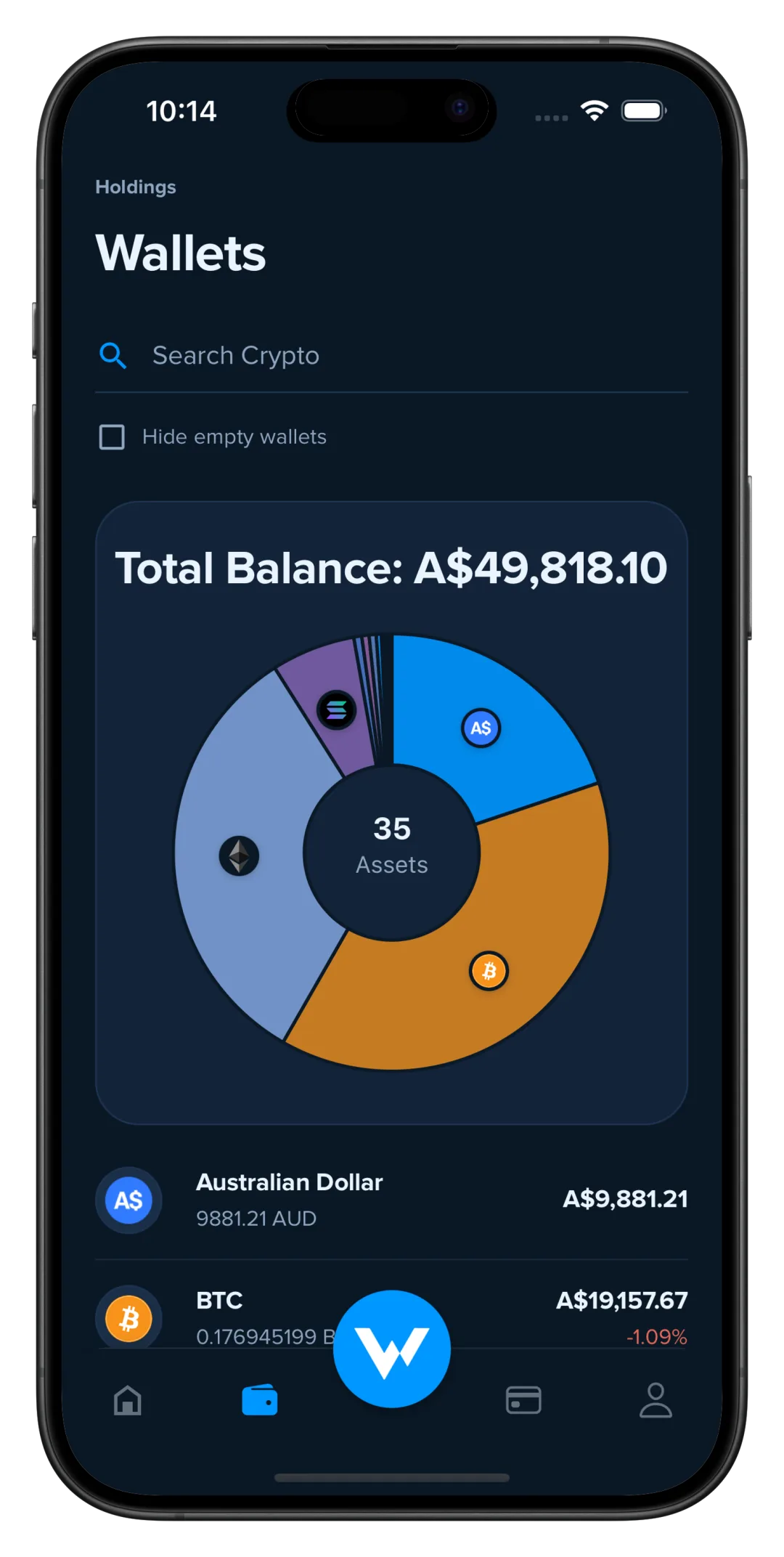 Wayex app Wallets screen: total balance of A$49,818.10 with an asset allocation chart across 35 holdings