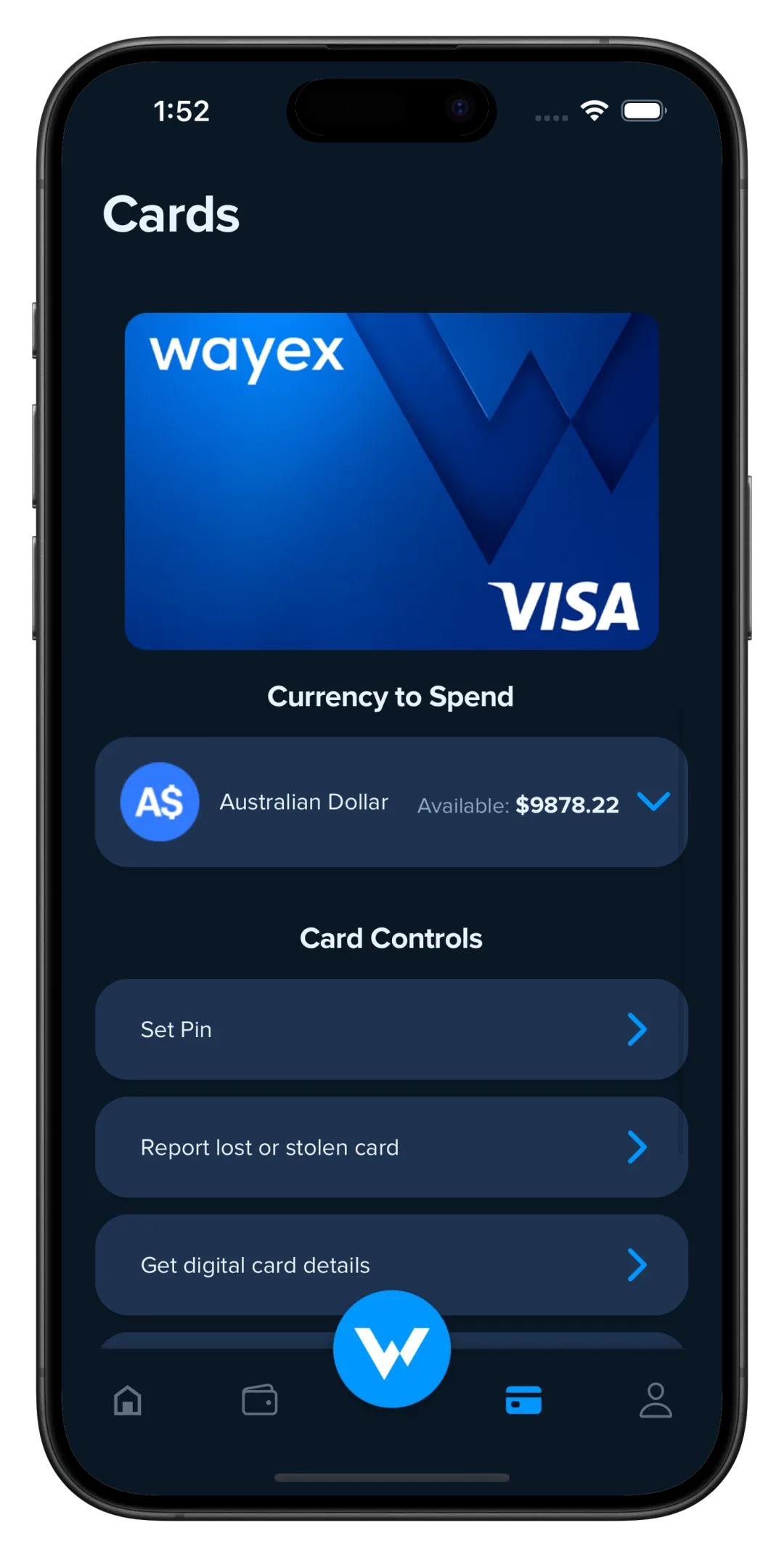 Wayex app card screen showing the card, balance, and freeze controls