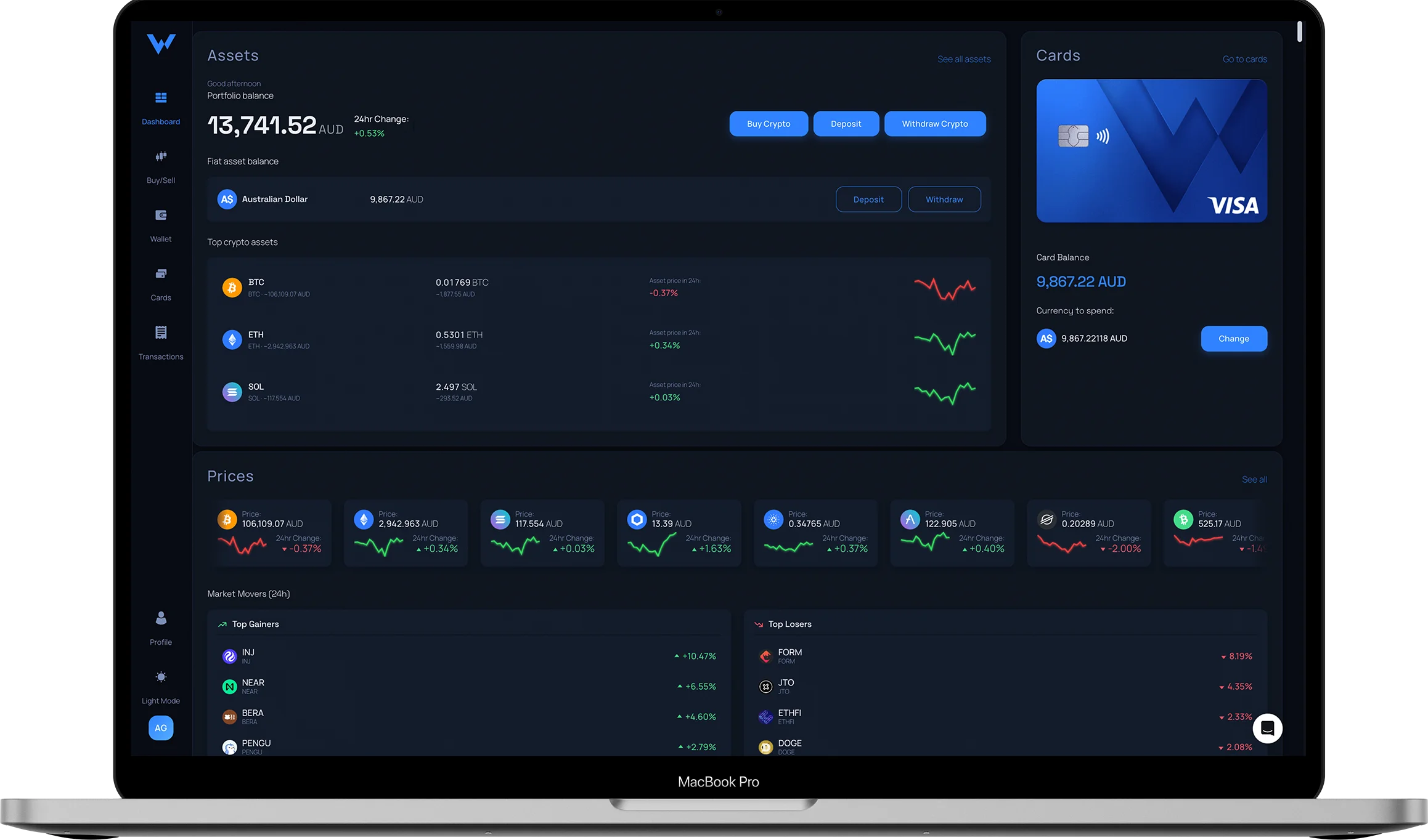 Wayex web app on a MacBook Pro: AUD portfolio dashboard with assets, Visa card balance, live AUD prices and 24h market movers